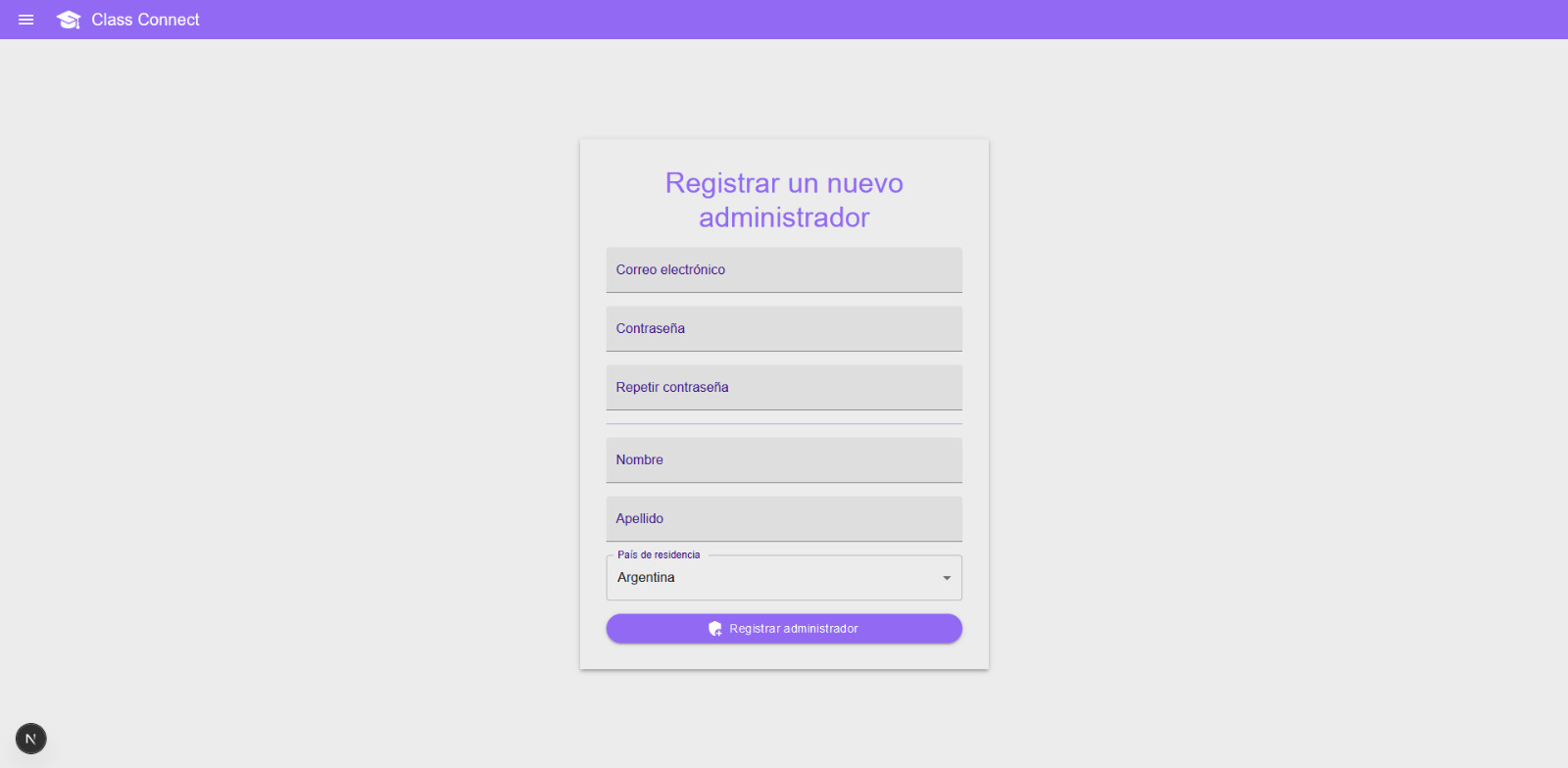 Pantalla de Registro de Administrador