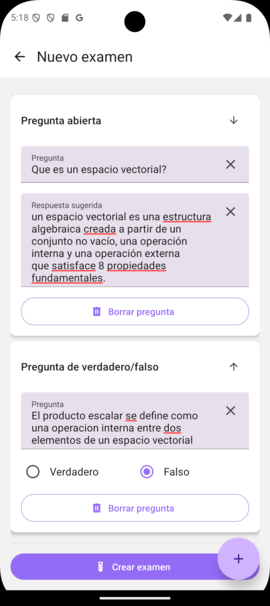 Creación de un examen con preguntas de ejemplo