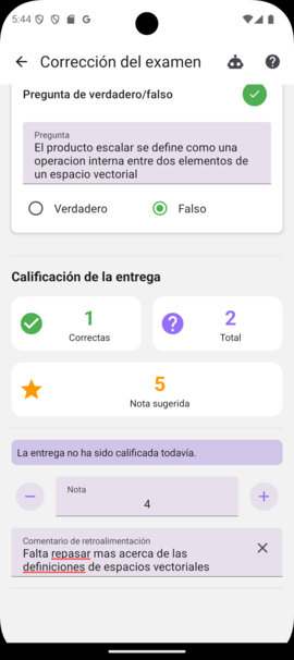 Nota de examen y comentario de retroalimentación