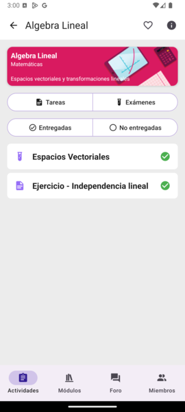 Vista de actividades para estudiantes