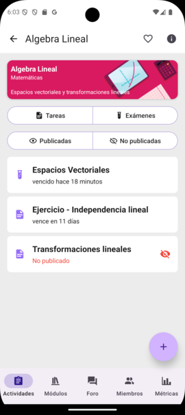 Vista de actividades para docentes