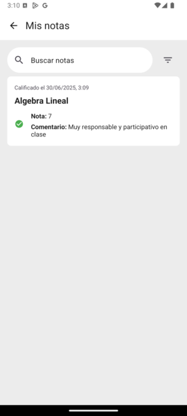 Lista de notas obtenidas por el estudiante
