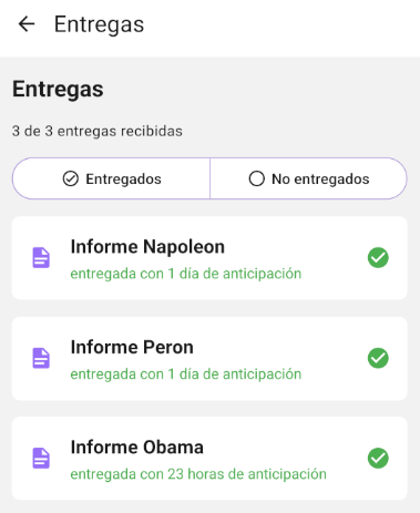 Sección de actividades del estudiante